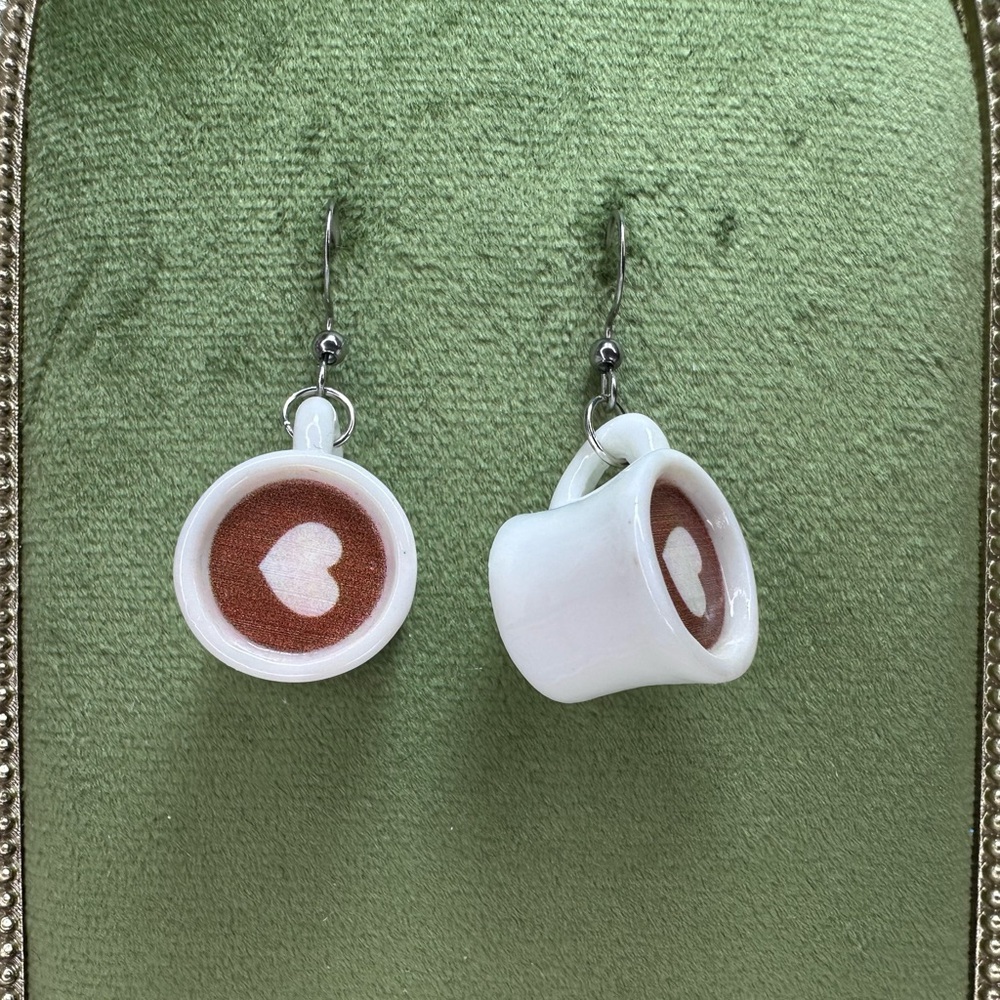 Coffee Espresso Mug Earrings with Barista Art Solid Heart Froth Valentines Gift